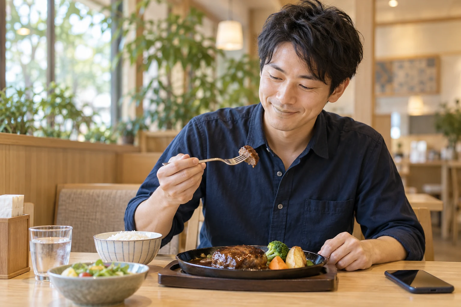 明るい飲食店で食事を楽しむ男性のイメージ