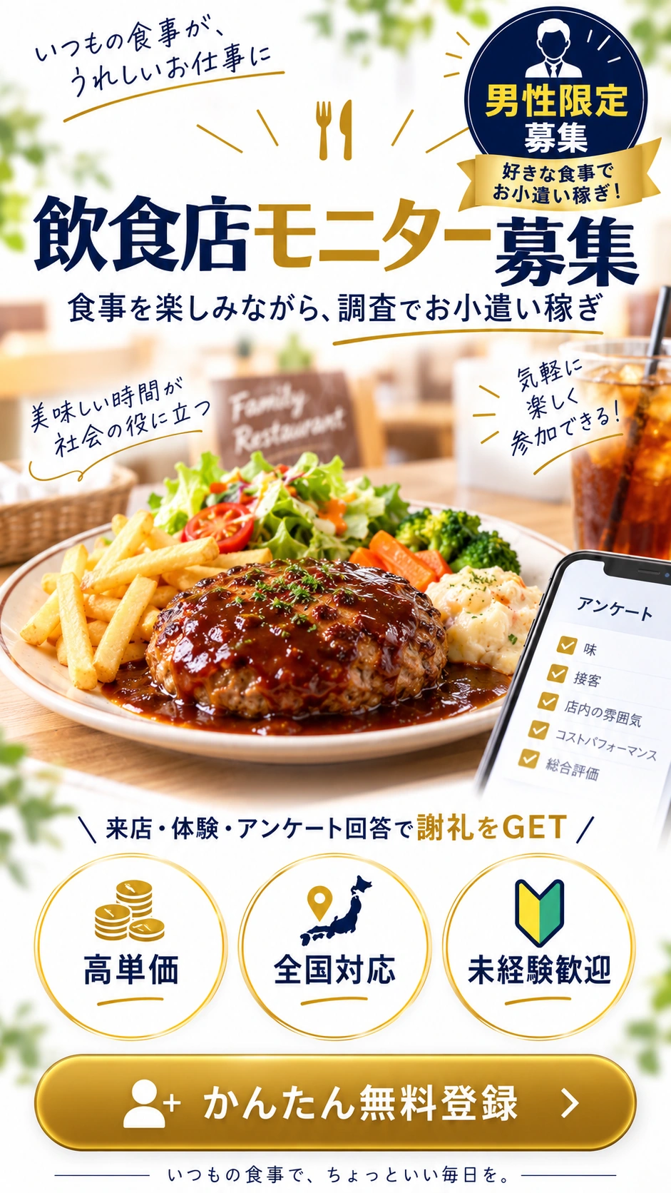 男性限定 飲食店モニター募集。食事を楽しみながら調査でお小遣い稼ぎ。高単価・全国対応・未経験歓迎。